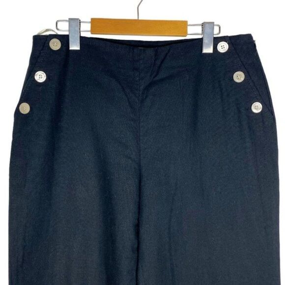 PRECIS PETITE Women's Black Linen High Rise Wide Leg Trouser Buttons US 14 - Picture 3 of 8